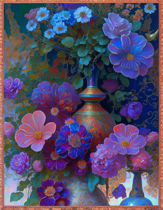 Detailed Still-Life Painting of Lush Bouquet in Decorated Vase