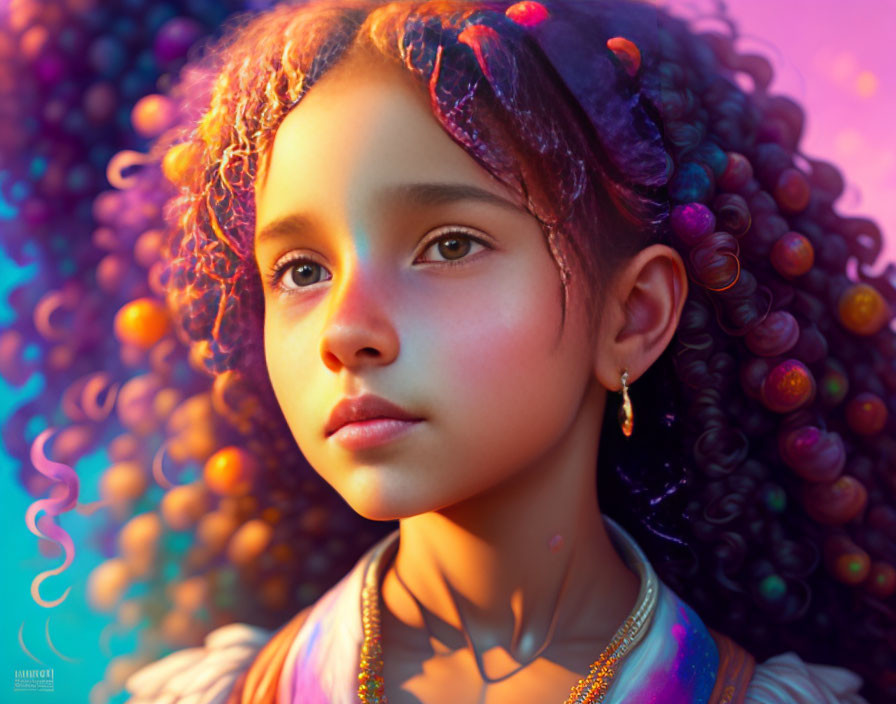 Vibrant digital portrait of young girl with curly hair in dreamlike setting