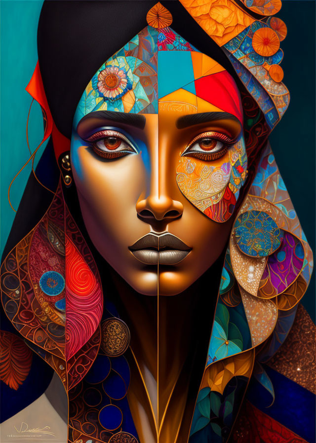 Vibrant digital artwork of woman with patterned headscarf