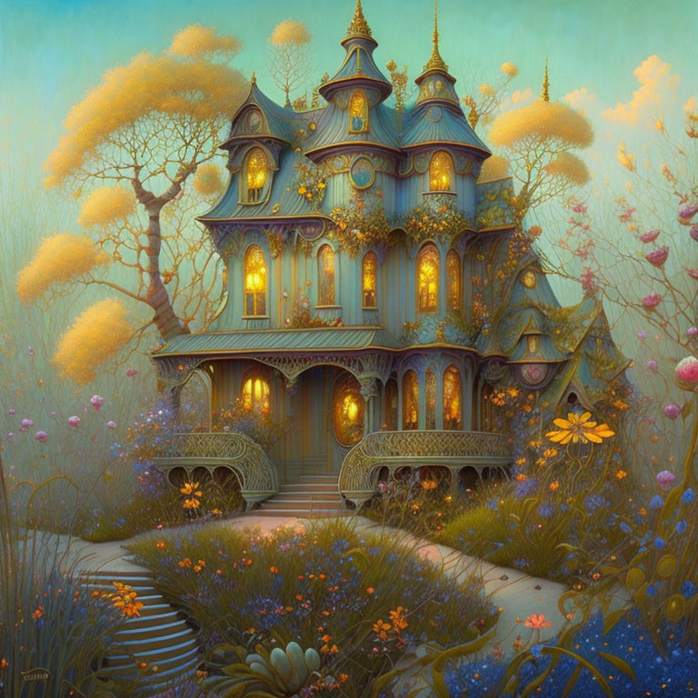 Whimsical Victorian house in enchanted garden at twilight