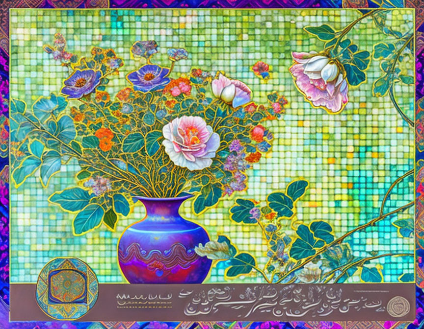 Colorful digital artwork: Vase with flowers, mosaic background, ornate script