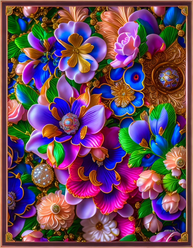 Colorful Floral Artwork with Purple, Pink, Blue, and Gold Hues