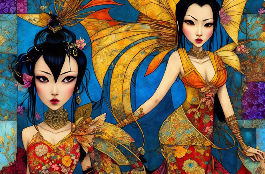 Colorful Asian-inspired female figure with intricate wings in floral setting.