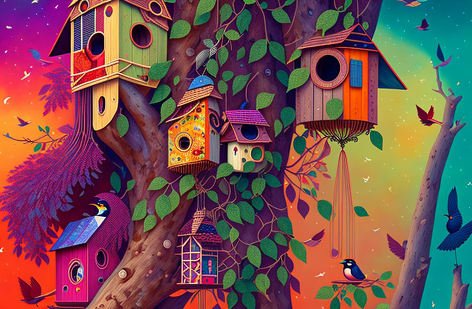 Colorful birdhouses in tree with vibrant sunset, birds and leaves.