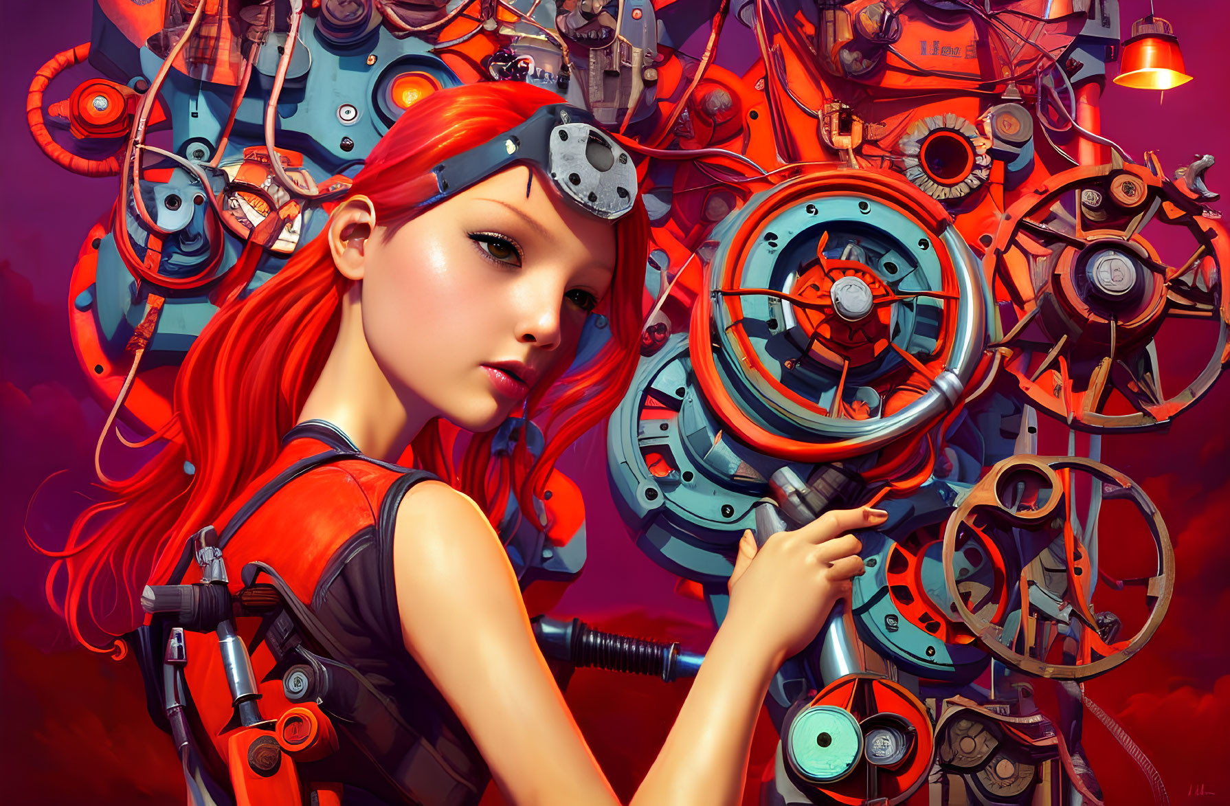 Digital artwork: Woman with red hair, mechanical eye patch, futuristic tool, complex machinery background