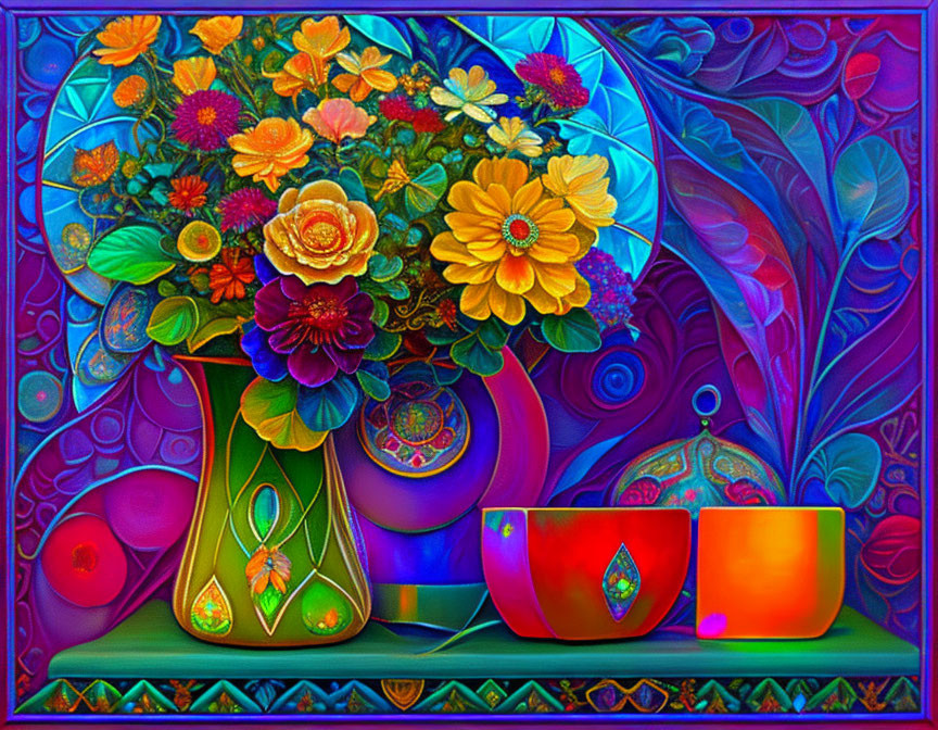 Colorful floral still-life with fruit and bowls on patterned background