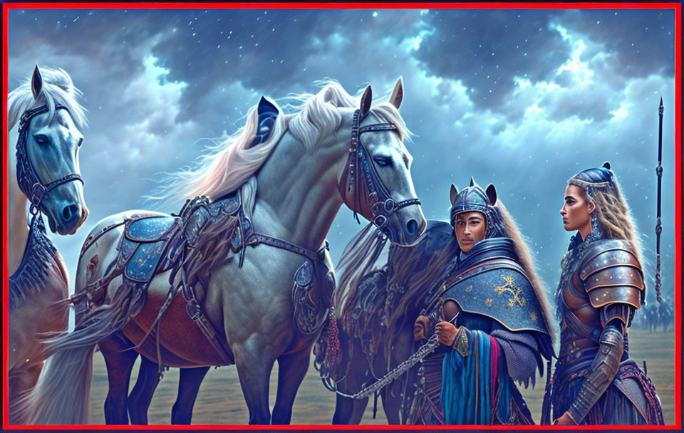 Armored female warriors on horses under stormy sky - fantasy medieval theme