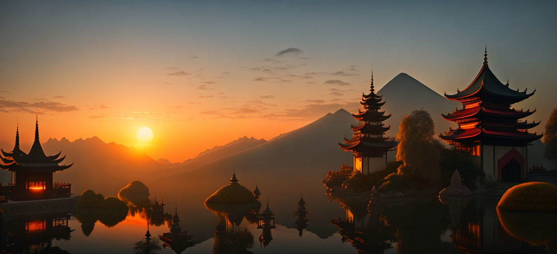 Traditional pagodas silhouetted at sunset against mountain backdrop and calm waters