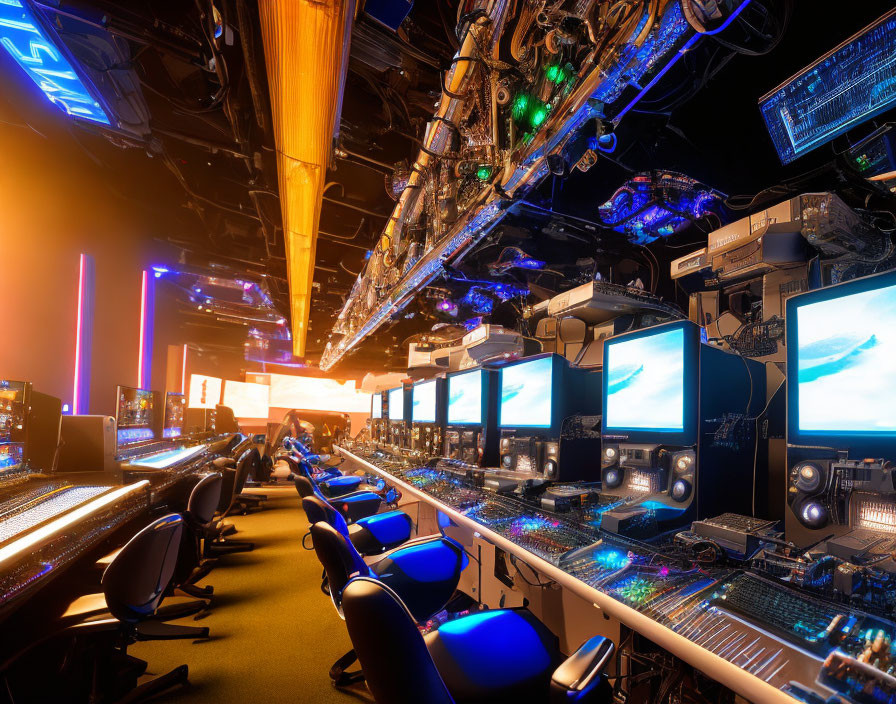 Futuristic control room with multiple screens and advanced equipment