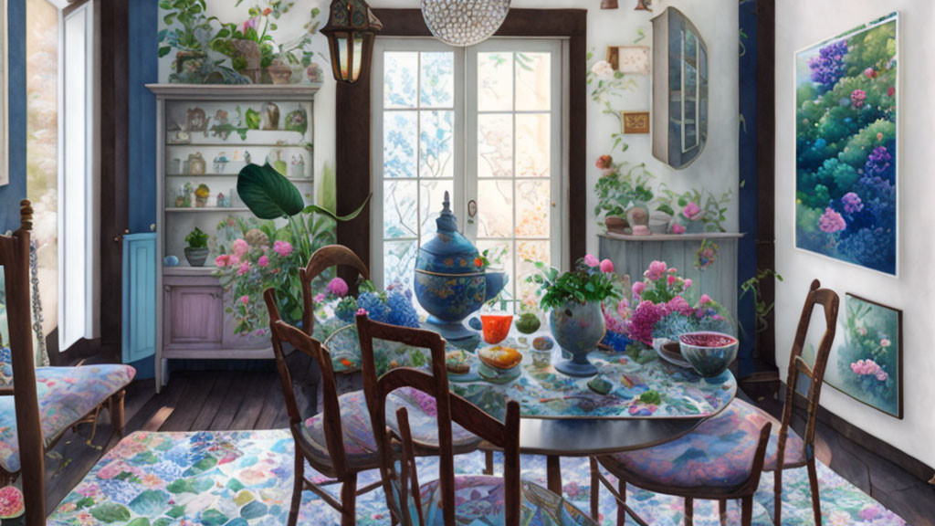 Botanical-themed dining room with teapots, bowls, wooden chairs, and paintings