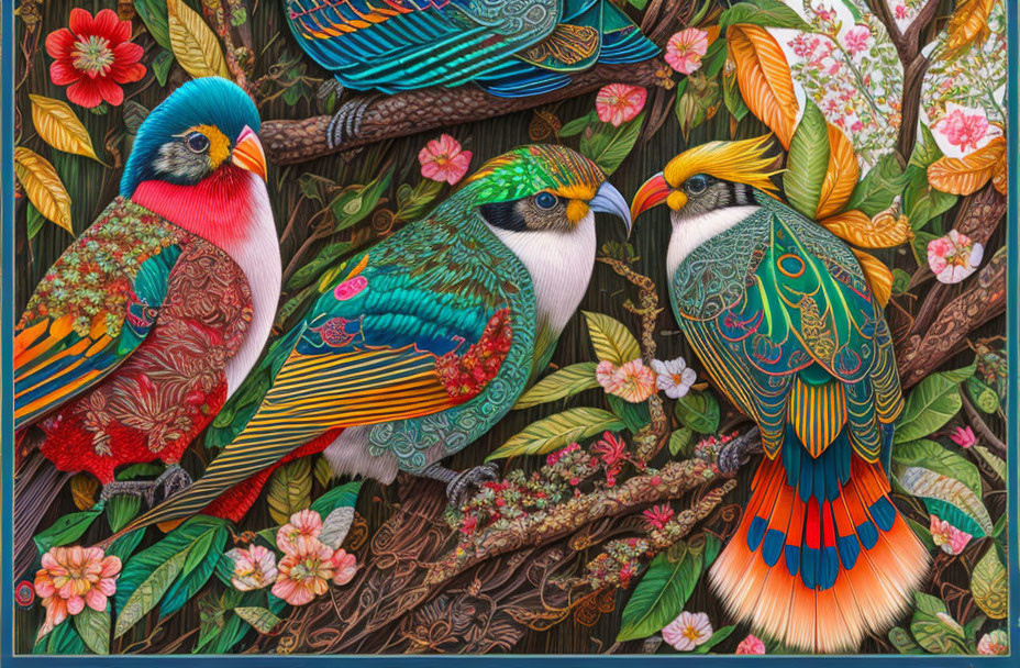 Vibrant illustrated birds on branches with intricate patterns and blooming flowers