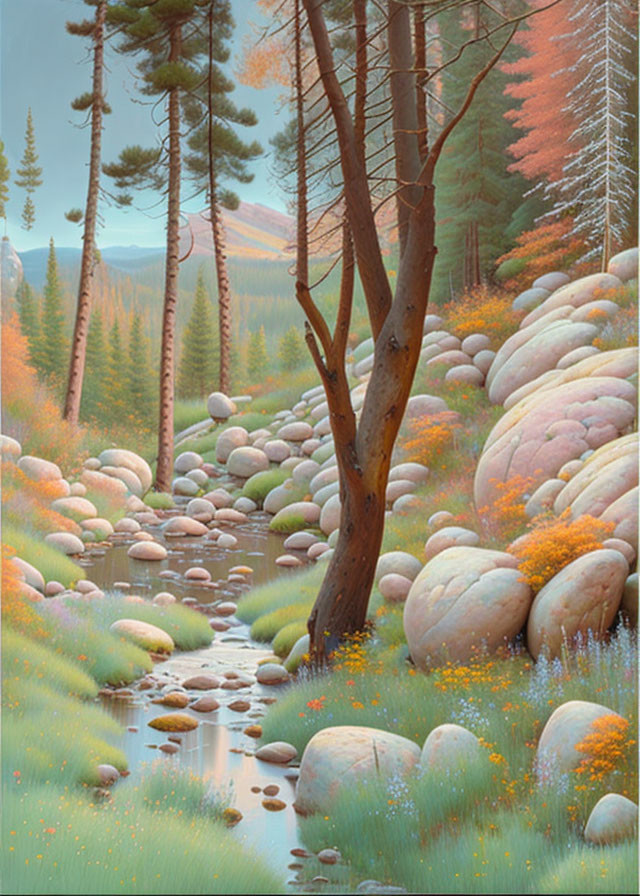 Tranquil forest scene with stream, moss-covered stones, pines, and autumn foliage.