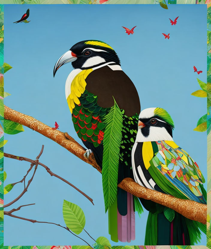 Colorful Birds Perched on Branch with Butterflies in Blue Sky