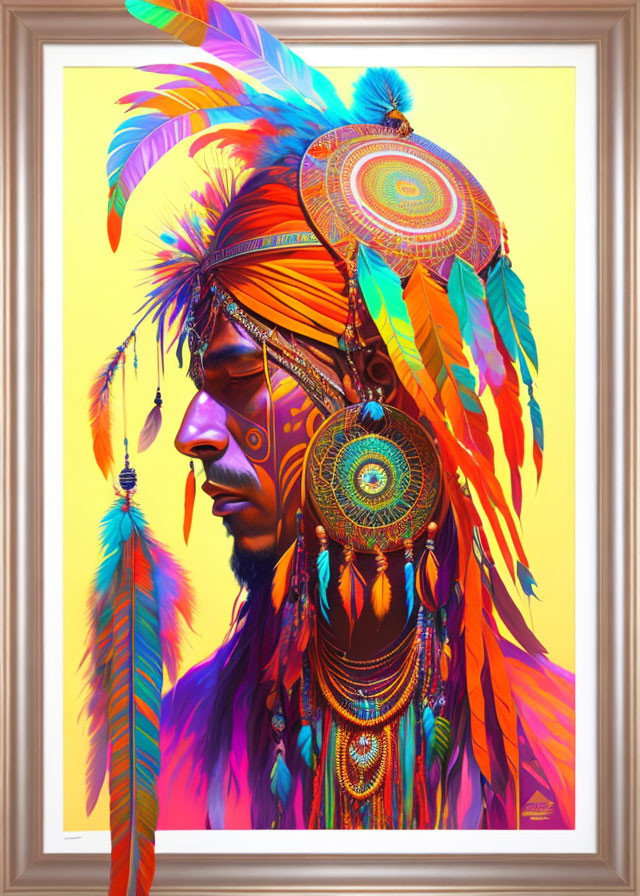 Colorful Native American headdress digital artwork on warm background