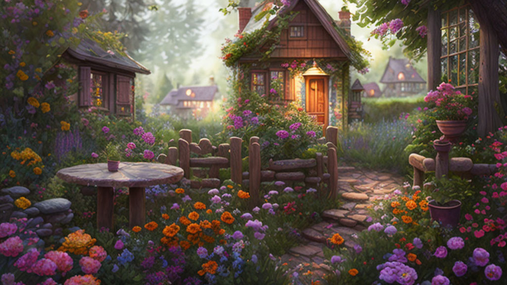 Cozy cottage surrounded by flowers, cobblestone path, and wooden fence