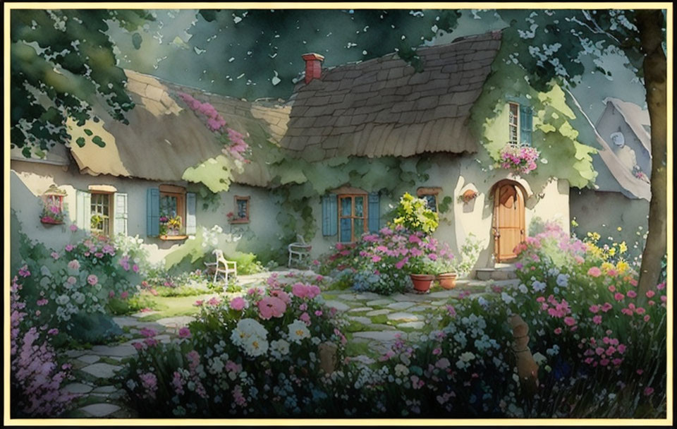 Thatched Roof Cottage Surrounded by Greenery and Flowers