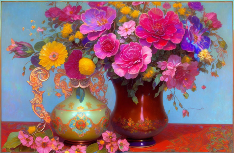 Colorful Flowers in Red Vase on Decorated Table Against Blue Background