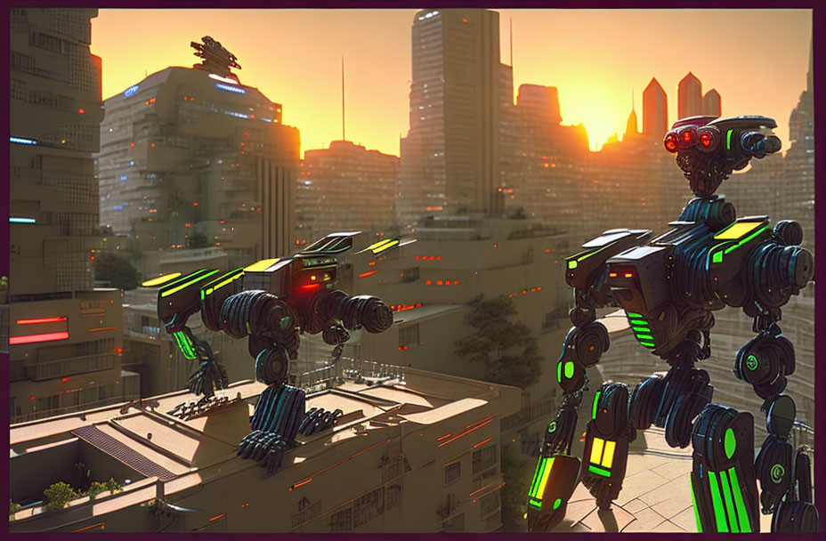 Futuristic robot on building overlooking sunset cityscape