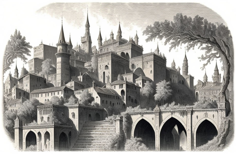 Detailed black and white illustration of a fantasy castle complex in a forested landscape