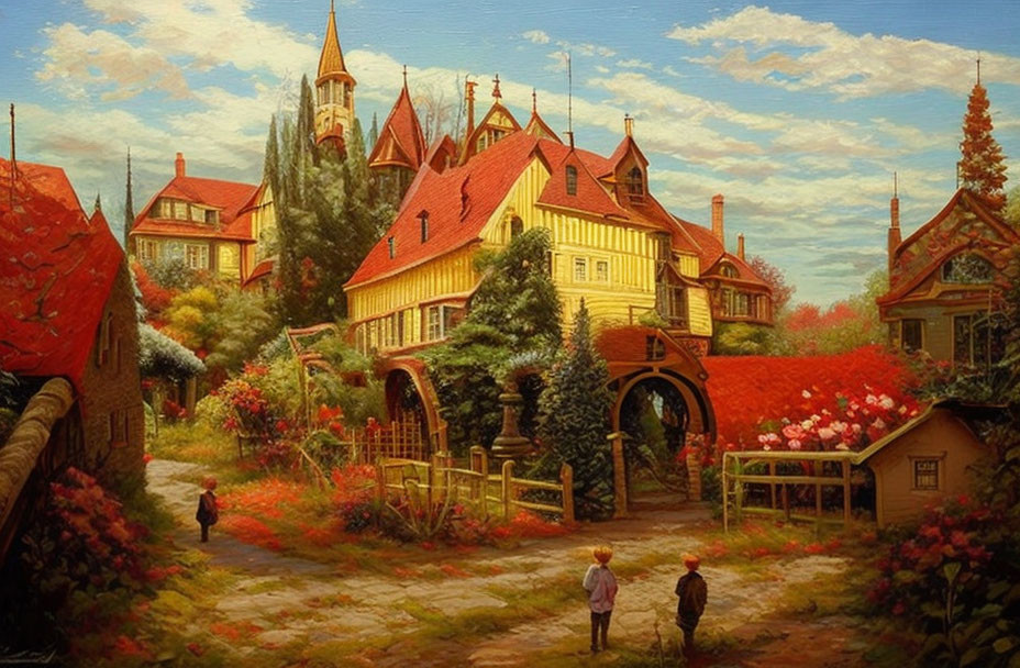 Charming village scene with castle tower, lush greenery, and residents walking