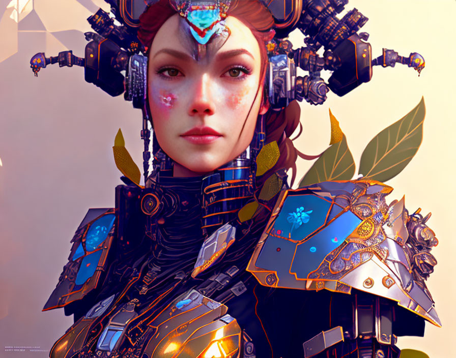 Futuristic portrait of a woman in ornate mechanical armor and headset with blue and gold leaf motifs