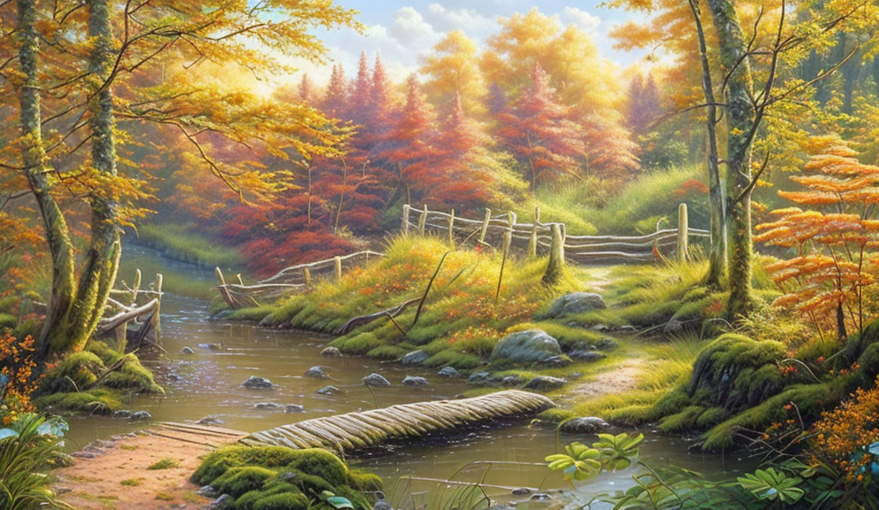 Tranquil autumn landscape with brook, bridge, foliage, and rustic fence