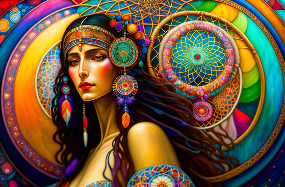 Colorful painting of woman with beadwork and mandalas