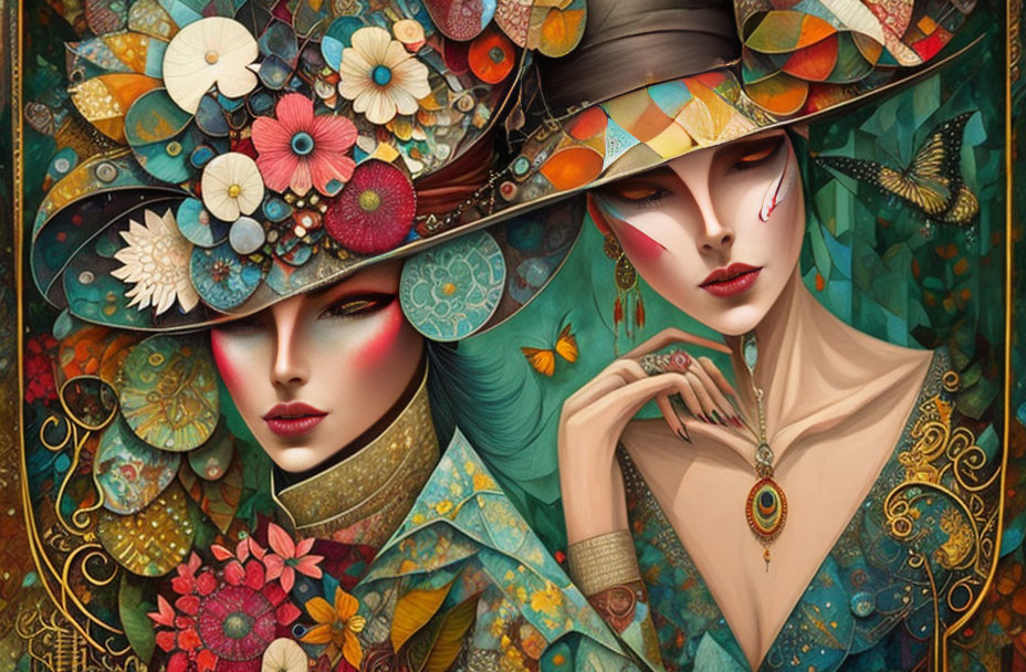 Colorful artwork featuring two stylized women with intricate hats and makeup, surrounded by floral and butterfly motifs