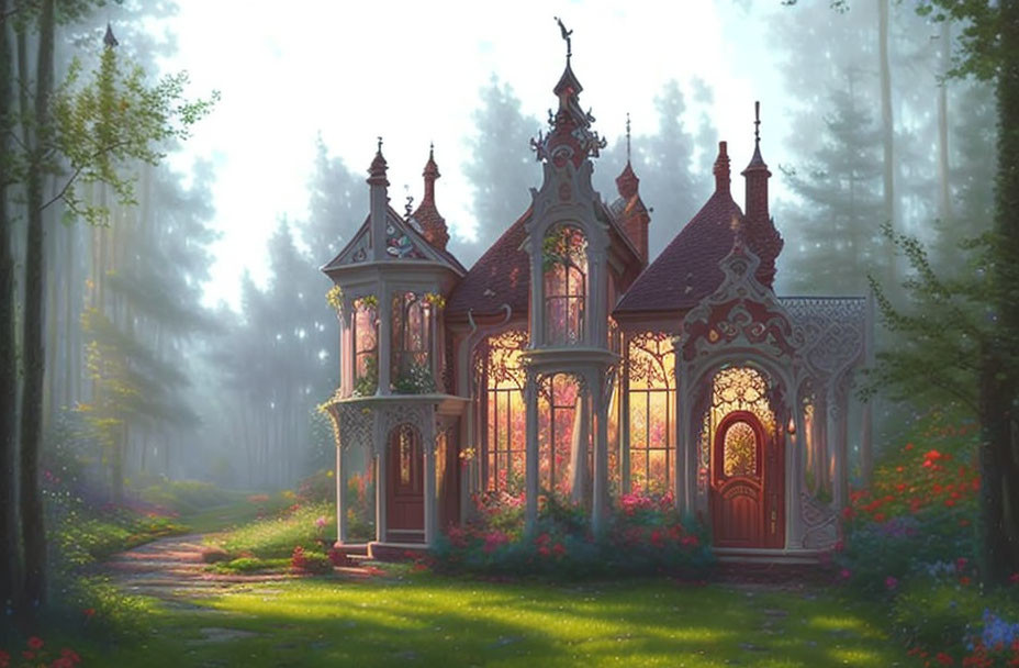 Victorian-style house in misty forest with intricate woodworking and colorful flora