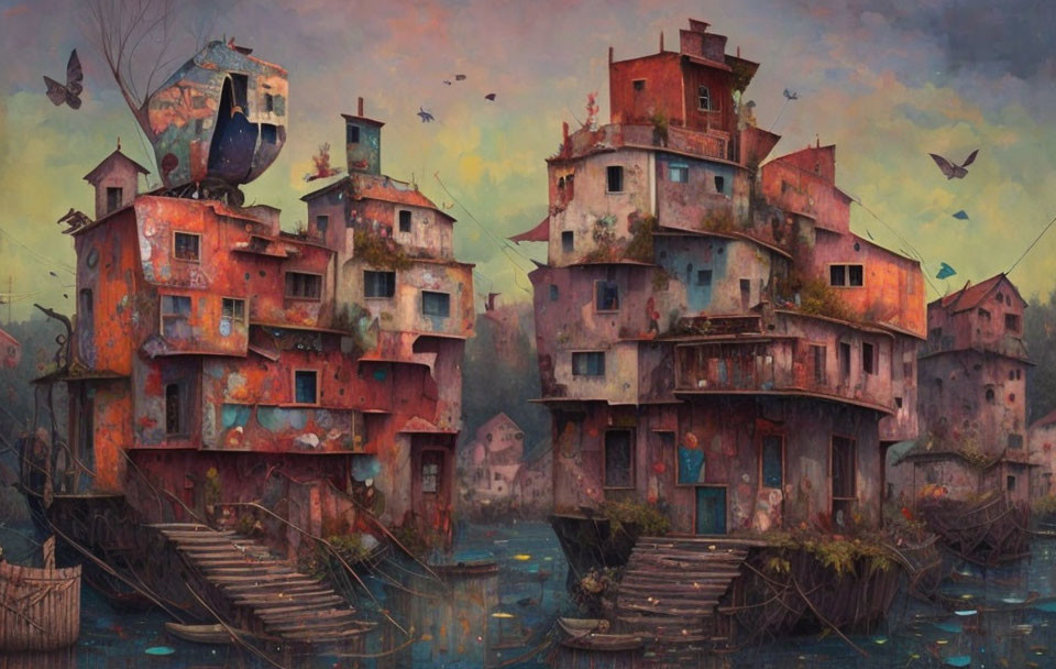 Abandoned multi-story buildings on water with boat in surreal, colorful scene