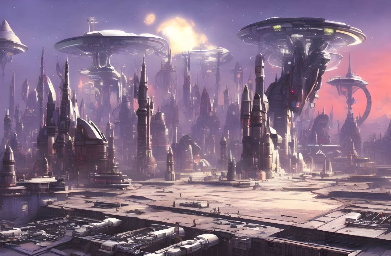 Futuristic cityscape with tall spires and floating structures in warm, hazy sky