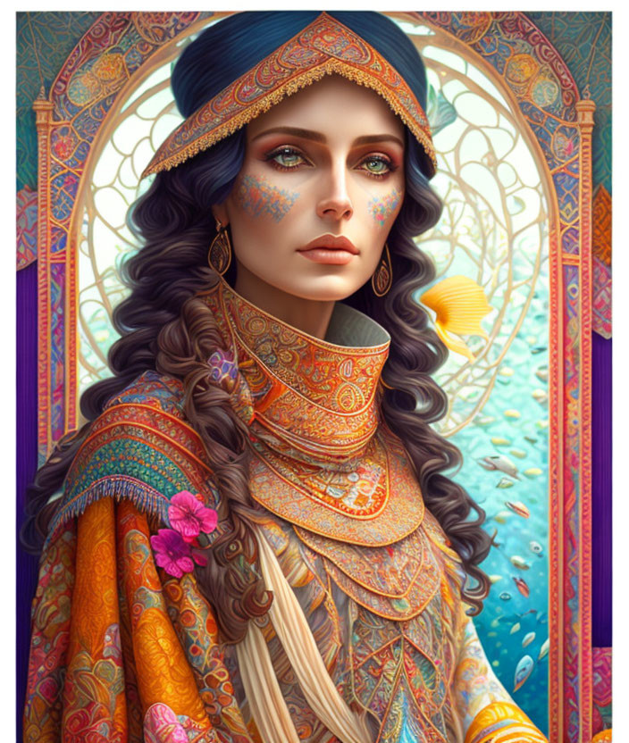 Digital artwork: Woman with blue eyes in ornate clothing, set against vibrant stained-glass background