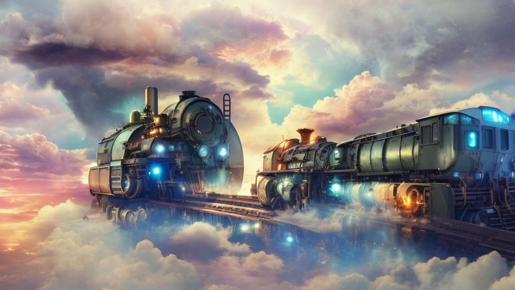 Fantastical image: Glowing vintage locomotives under colorful sky