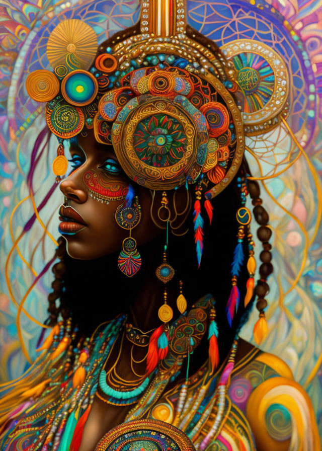 Colorful Digital Artwork: Woman with Ornate Headdress & Kaleidoscopic Background