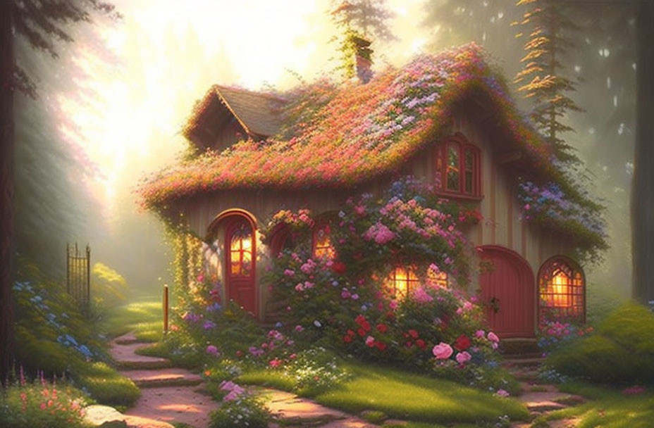 Cozy cottage in lush garden under forest sunlight