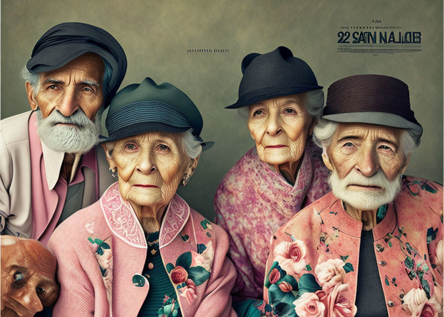 Vintage Portrait of Four Elderly People with Serious Expressions