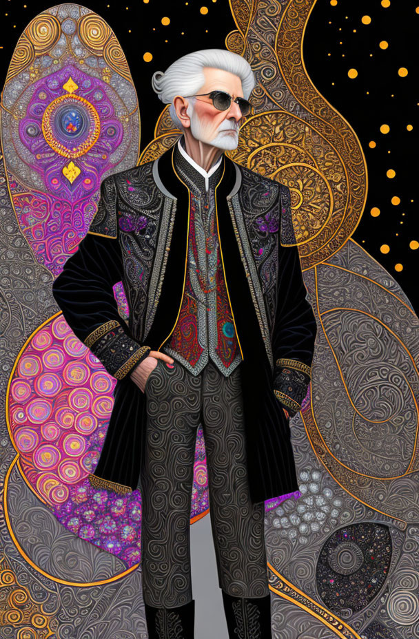 Older man with white beard in paisley coat against cosmic backdrop