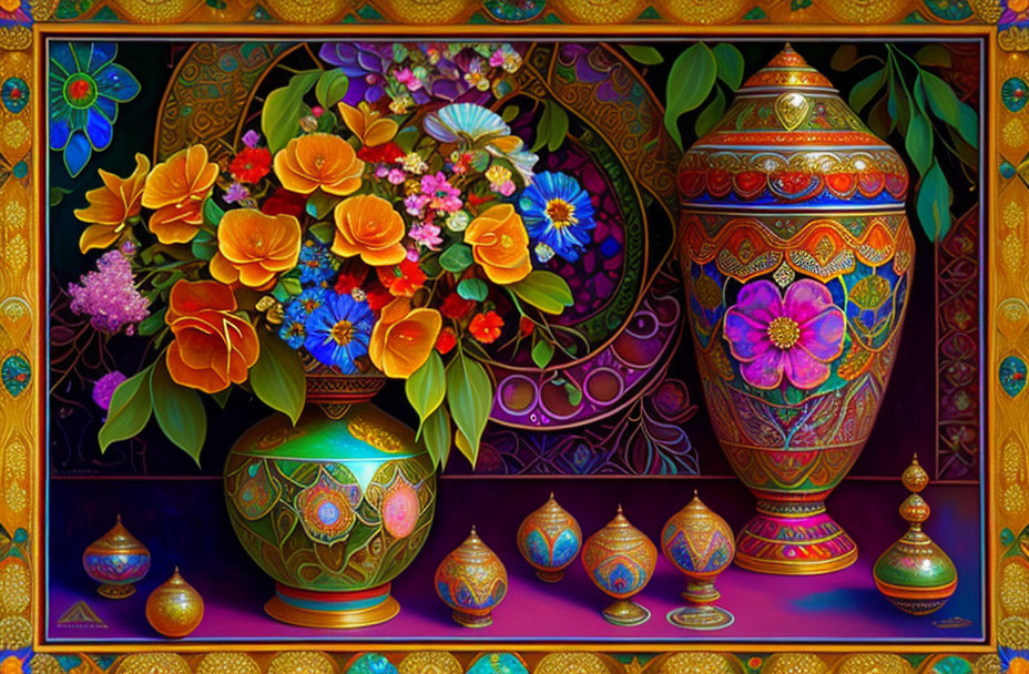 Colorful Floral Still Life with Ornate Vases and Tapestry Background