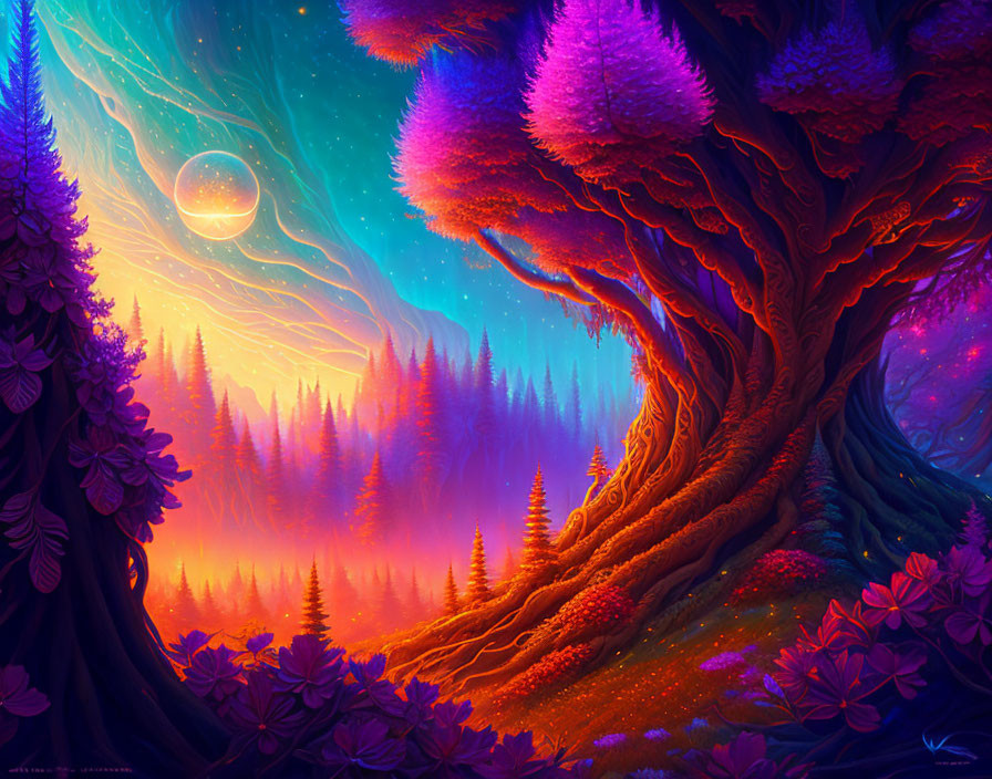 Fantasy landscape with giant purple tree under starry sky