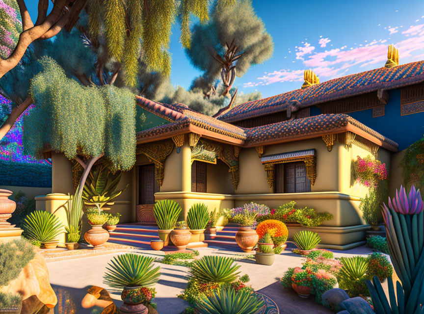 3D-rendered courtyard with terracotta-roofed buildings and lush plants