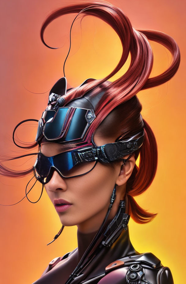 Cybernetic suit woman with red hair on warm gradient backdrop