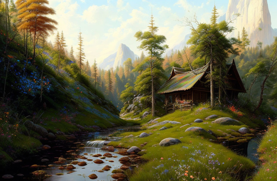 Traditional house by stream in lush landscape with mountains