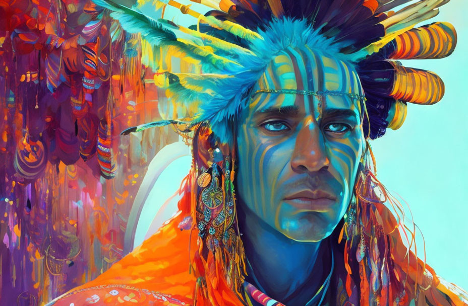 Vibrant Native American headdress portrait on abstract background