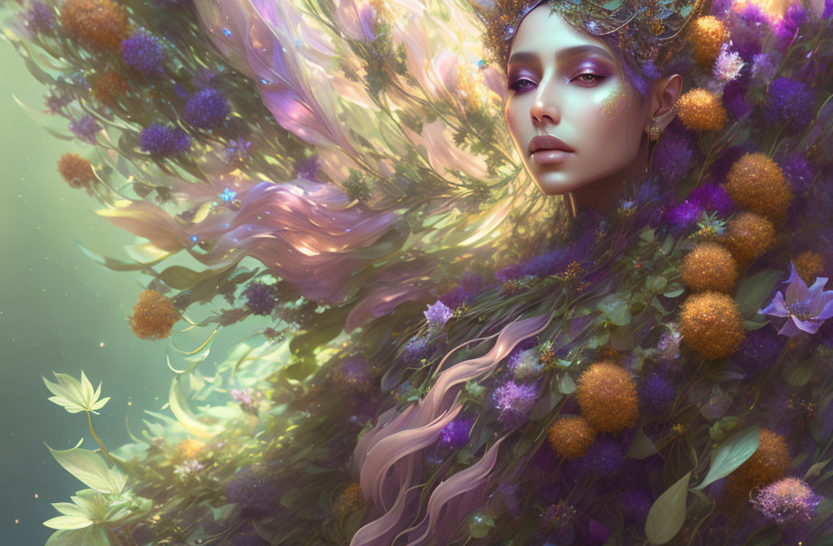 Vibrant fantasy portrait with floral and mystical themes