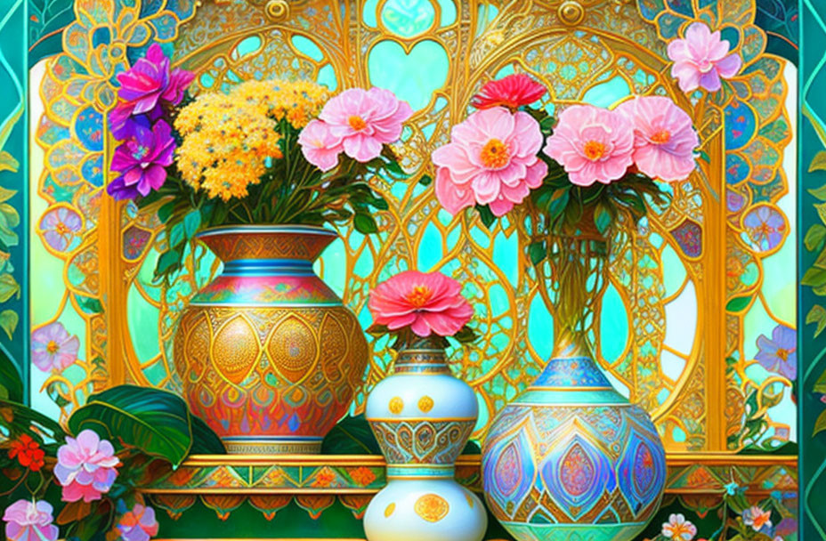 Colorful Ornate Illustration of Decorated Vases and Blooming Flowers on Vibrant Background