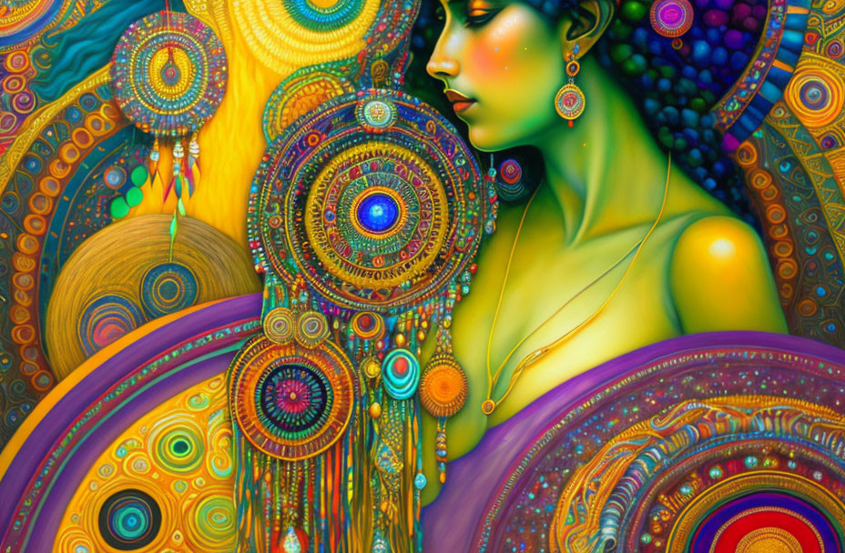 Colorful digital artwork: Woman with green skin and mandala patterns