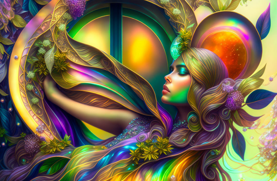 Colorful digital art: Woman with flowing multicolored hair in cosmic setting.