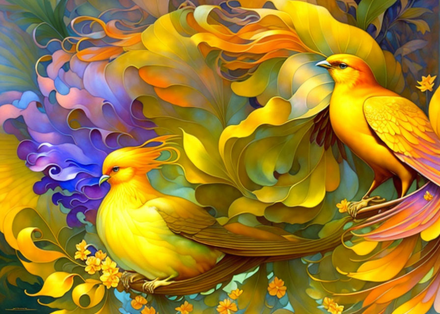 Colorful fantasy artwork: Golden birds amidst swirling leaves and blossoms