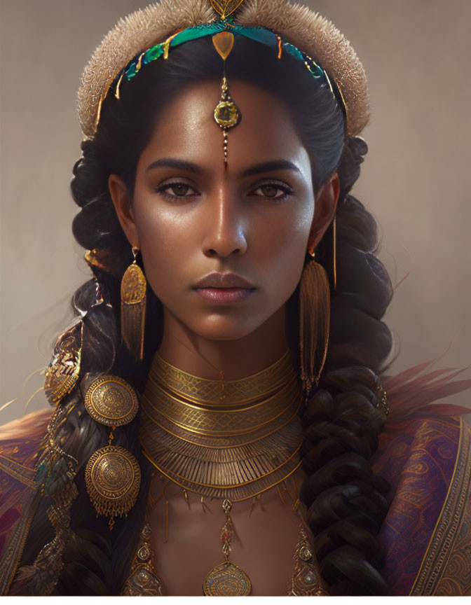 Traditional Woman in Ornate Gold Jewelry and Detailed Headdress