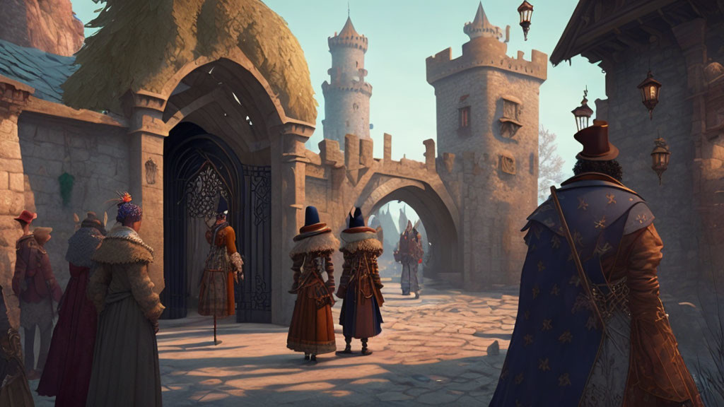 Medieval town entrance with citizens in period attire under clear sky